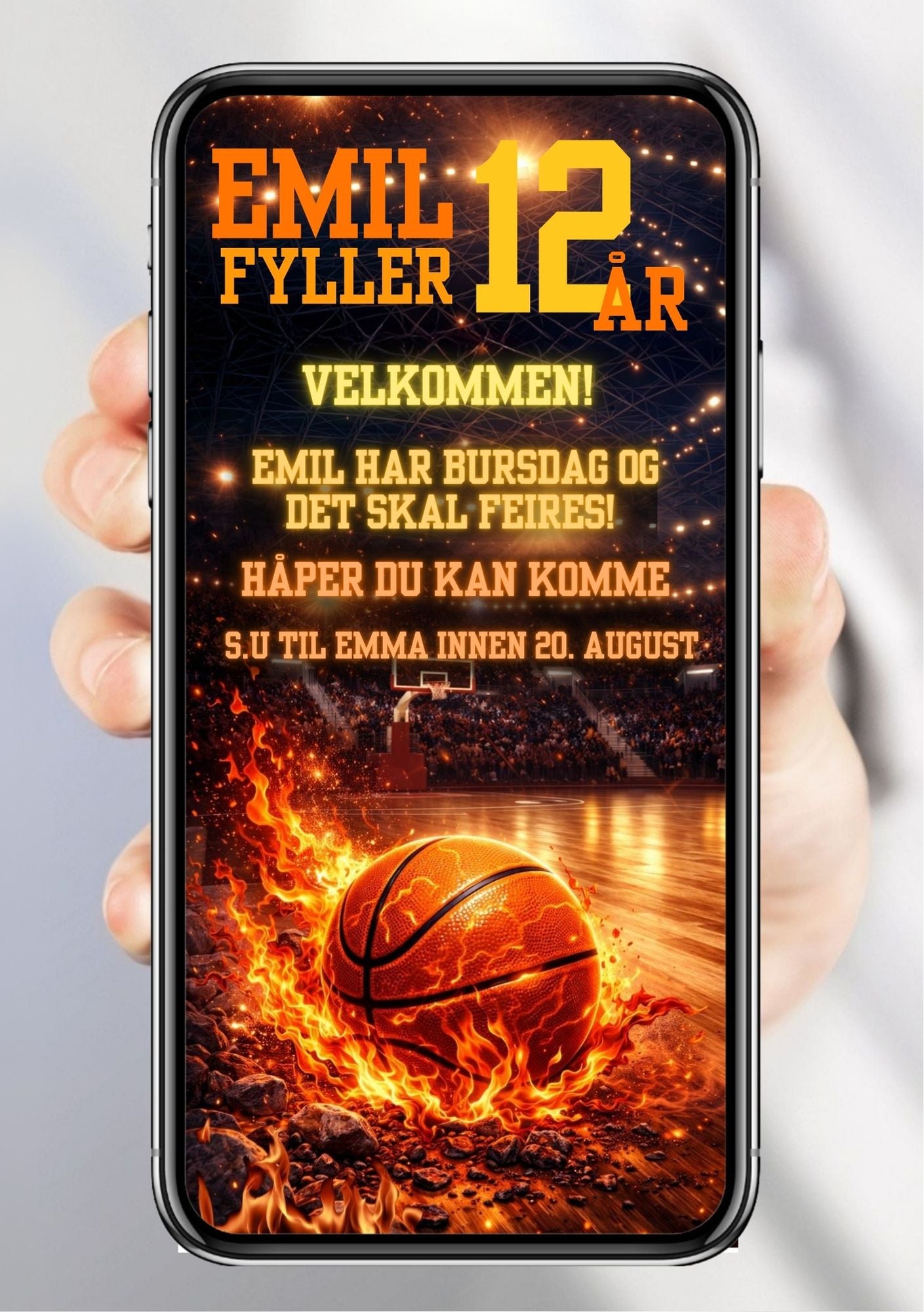 Mobil bursdagsinvitasjon med basketball i flammer, oransje og svart design og basketballhall i bakgrunnen – vist på mobilskjerm