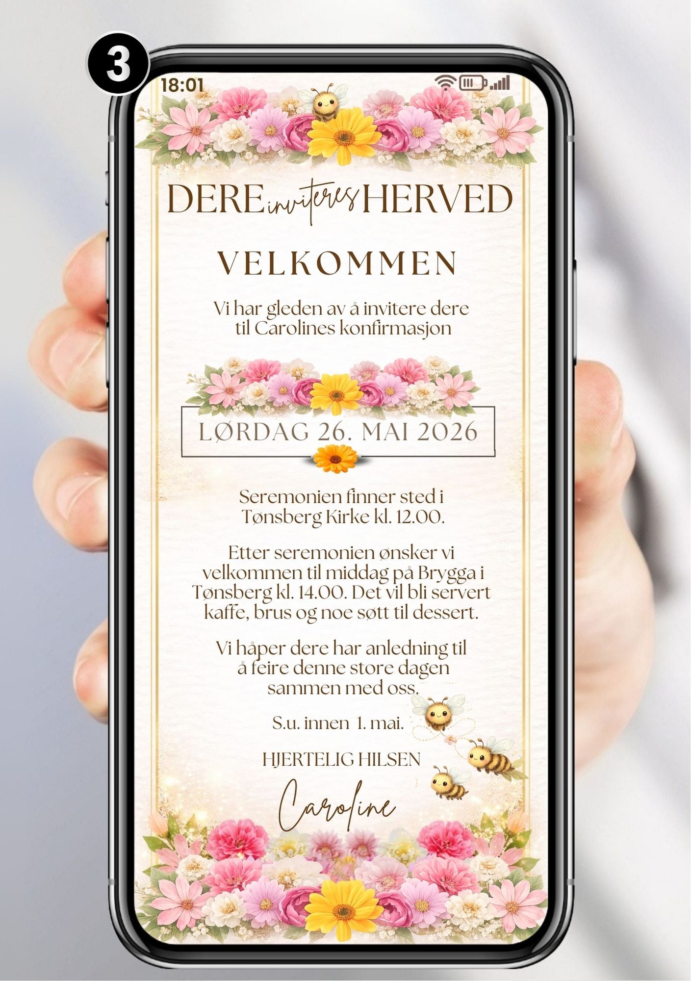 Digital konfirmasjonsinvitasjon med fargerike blomster, gullramme, bier og personlig tekst på lys bakgrunn – klar til deling på mobil 