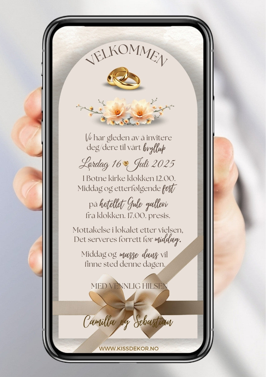 Bryllupsinvitasjon beige moderne- personlig design med ferdig tekstforslag - KISS DEKOR