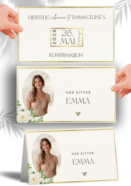 Digitalt velkomstskilt til konfirmasjon fra KISS DEKOR – hvit rose-design med gullramme rundt dato og teksten "Hjertelig velkommen til Emma Celine's konfirmasjon", vist flatt
