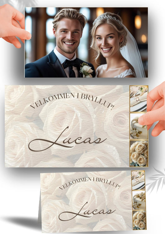 Utskrivbart bordkort bryllup med moderne design og tilpasset tekst