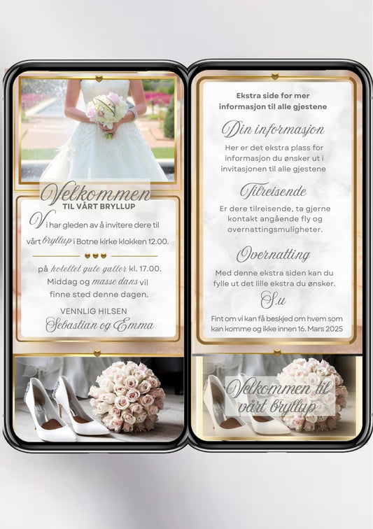 Bryllupsinvitasjon 2 sider moderne gull design