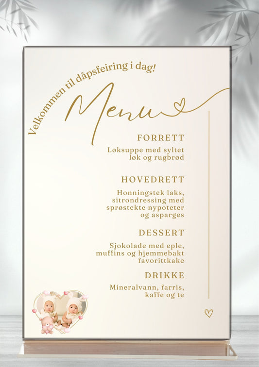 Meny til dåp og navnefest moderne - personlig og elegant design - KISS DEKOR