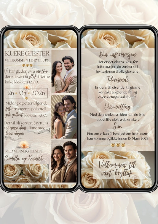 Bryllupsinvitasjon 2 sider moderne rose design