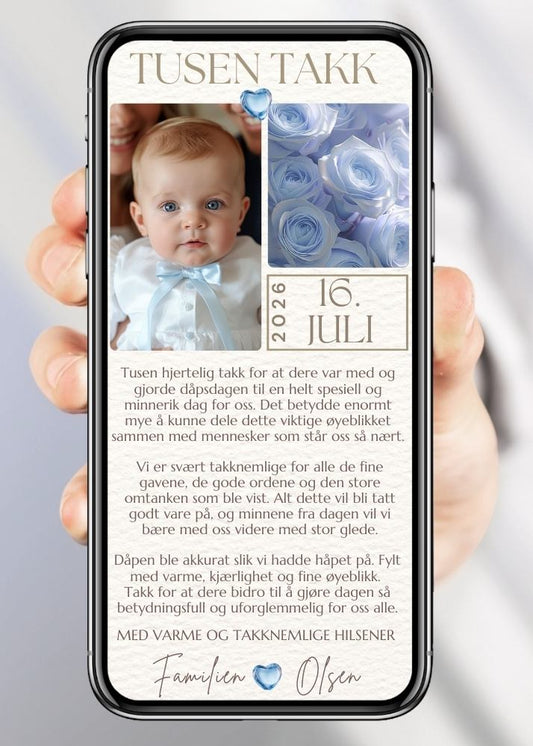 SMS takkekort til dåp blå rose moderne design