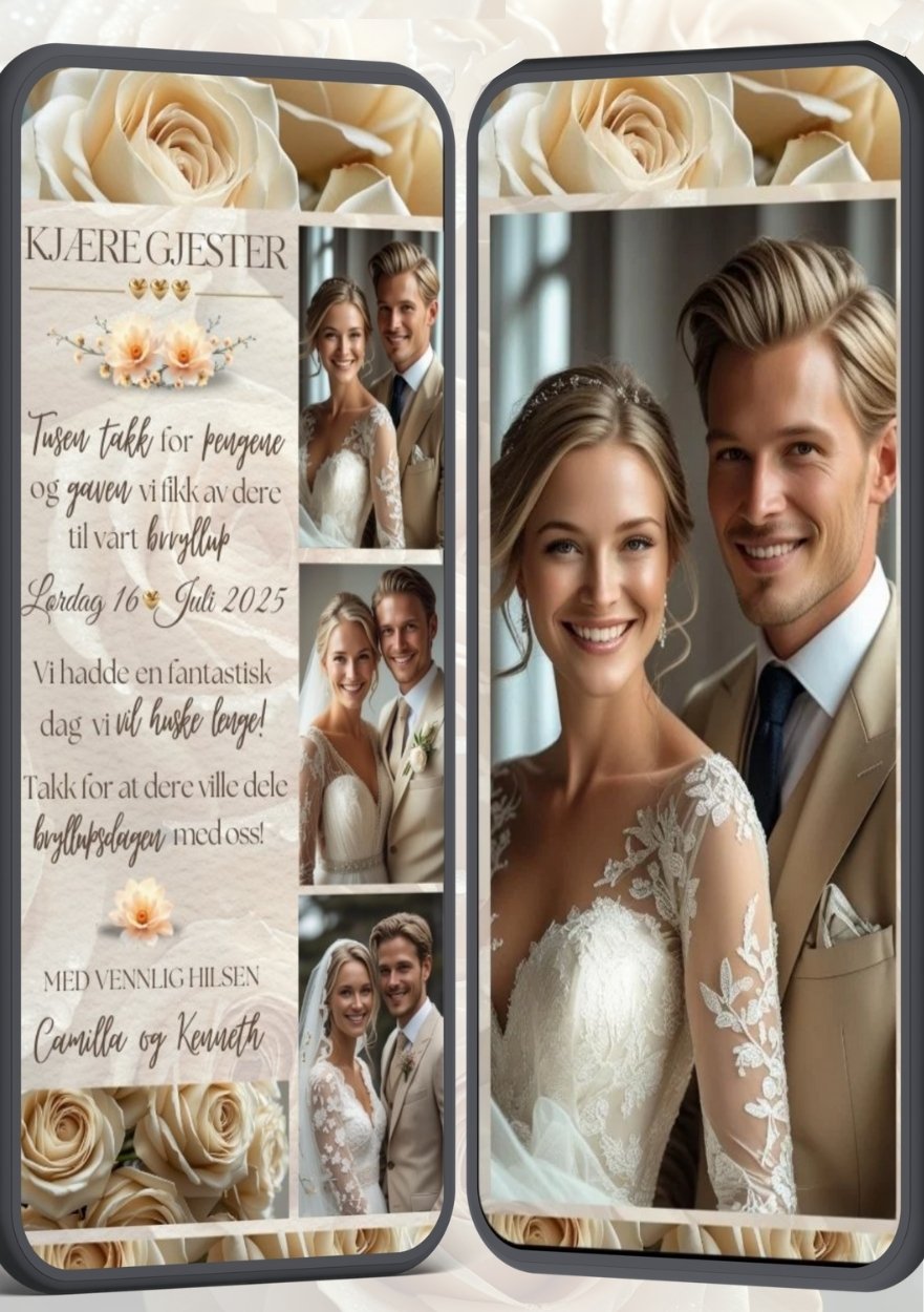 Takkekort bryllup beige 2 siders romantisk - personlig design med ferdig tekstforslag - KISS DEKOR