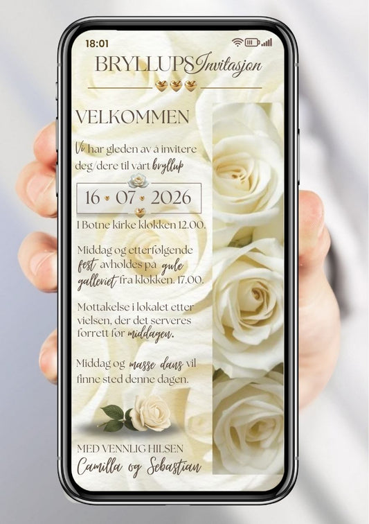 Bryllupsinvitasjon med roser romantisk - personlig design med ferdig tekstforslag - KISS DEKOR