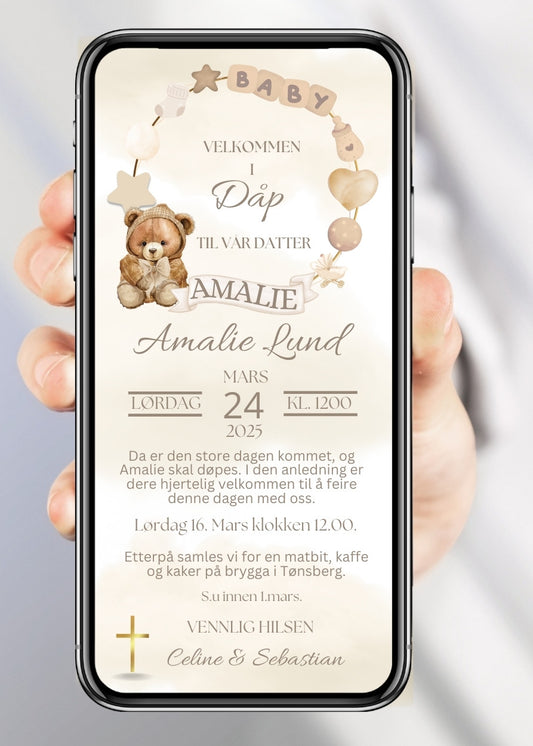 Invitasjon for navnefest og dåp – moderne design til mobil