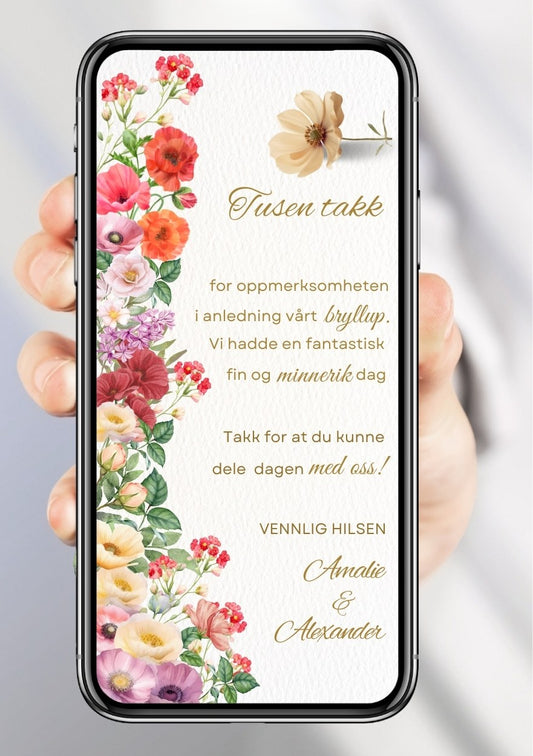 Takkekort bryllup med blomster - personlig design med ferdig tekstforslag - KISS DEKOR