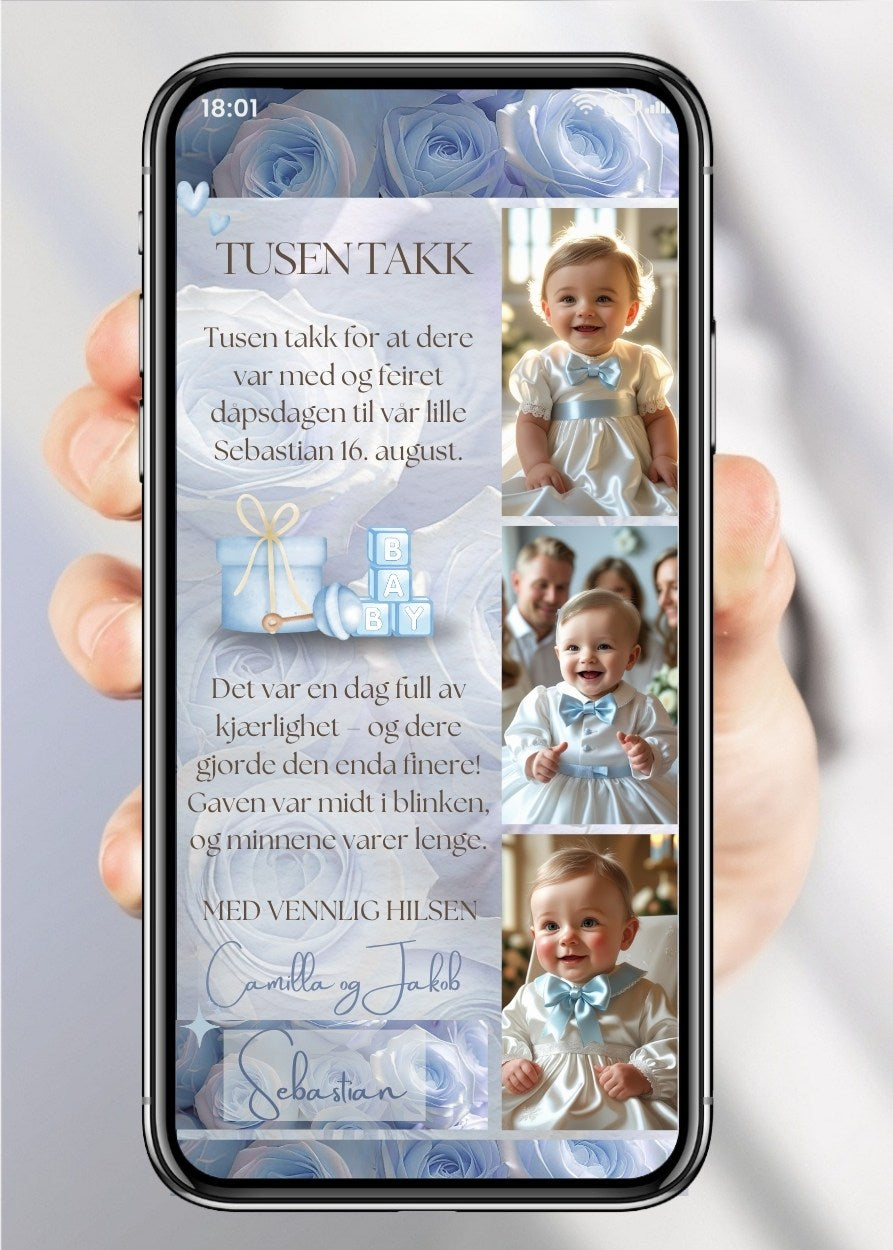 Takkekort dåp blå collage med bilder
