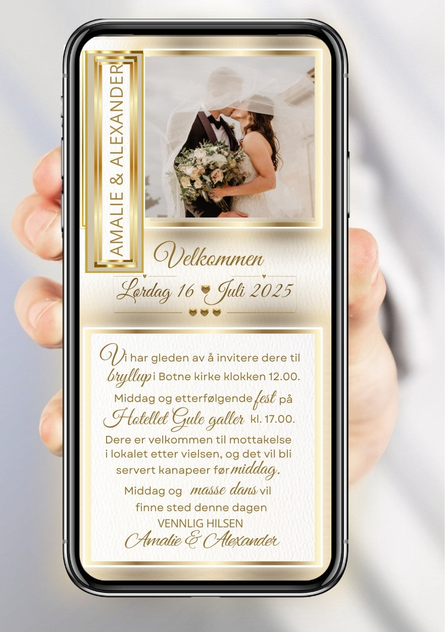 Bryllupsinvitasjon gyllen gull - personlig design med ferdig tekstforslag - KISS DEKOR