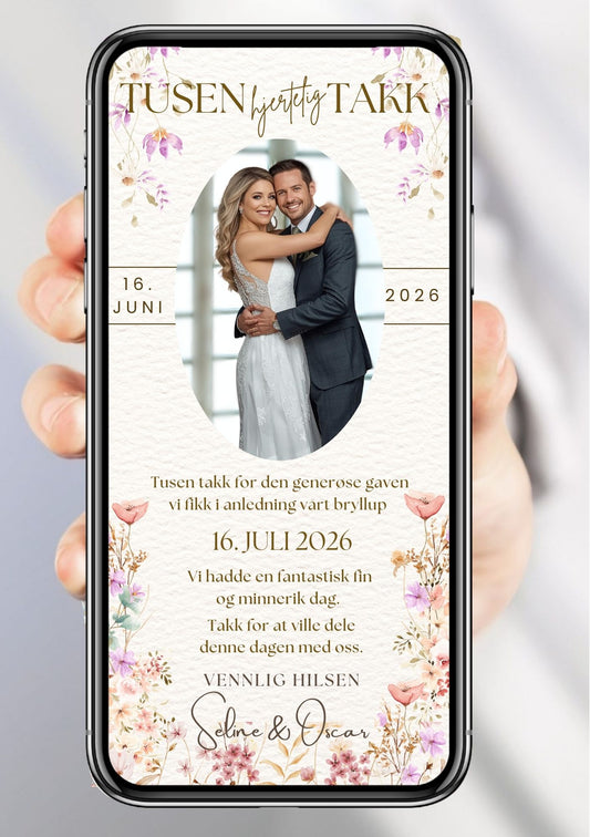 Takkekort bryllup hvit klassisk - personlig design med ferdig tekstforslag - KISS DEKOR