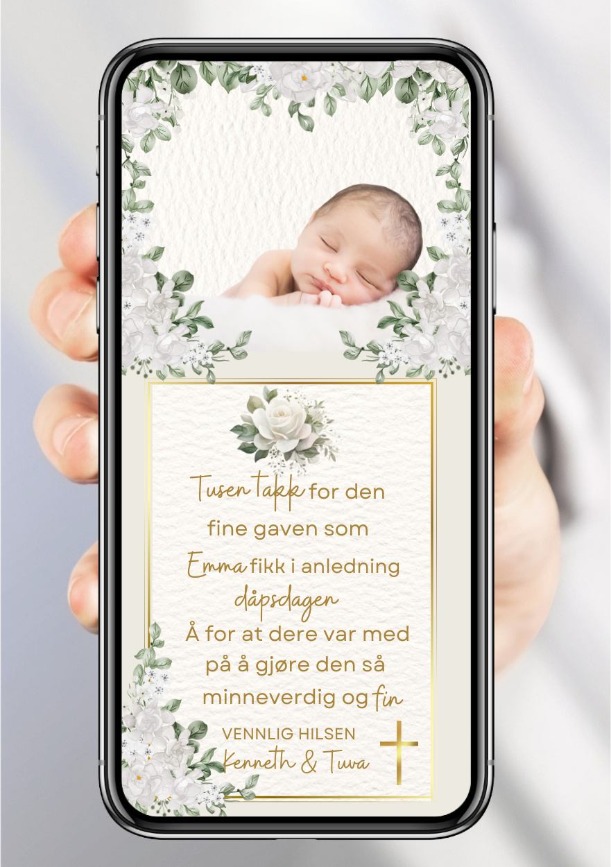 Takkekort til dåp hjerte ramme design