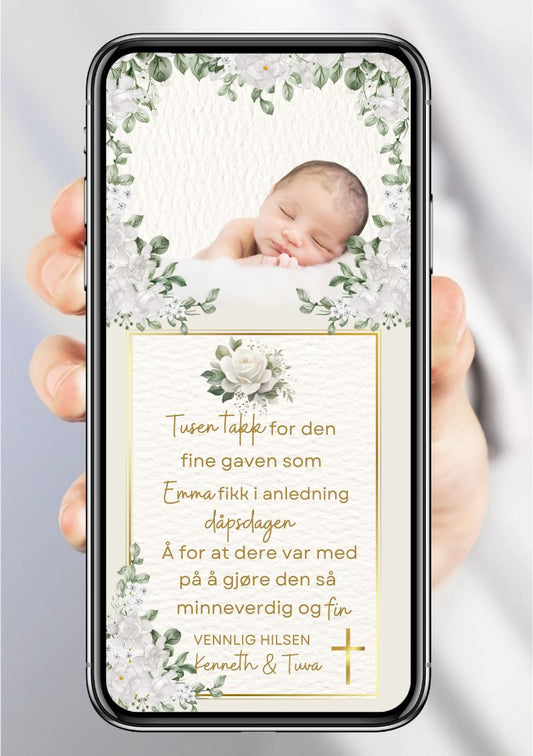 Takkekort til dåp hjerte ramme design