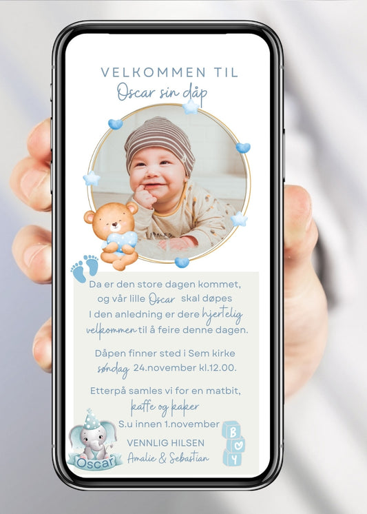Invitasjon for navnefest og dåp – elegant design til mobil