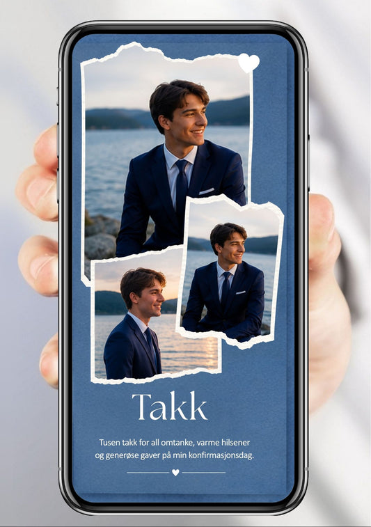 Digitalt takkekort til konfirmasjon i blå med fotocollage og personlig tekst, vist på mobilskjerm