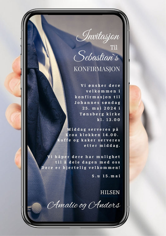 Mobilinvitasjon konfirmasjon dress marineblå – elegant design