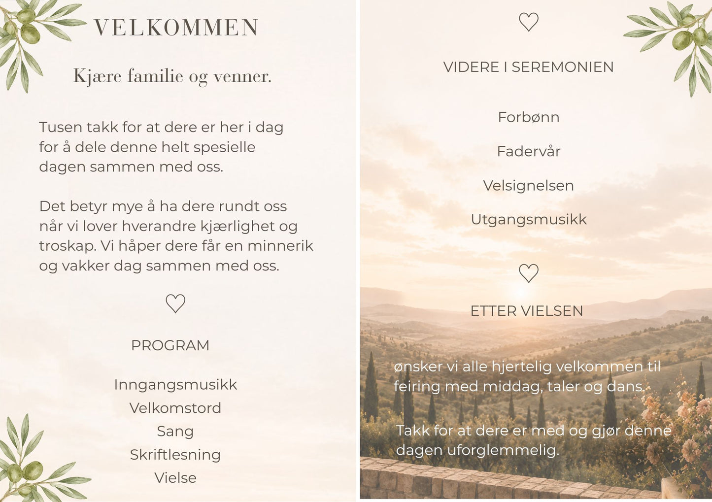 Bryllupsprogram Olive Garden – innside med velkomsttekst, program for seremonien og informasjon etter vielsen på beige bakgrunn