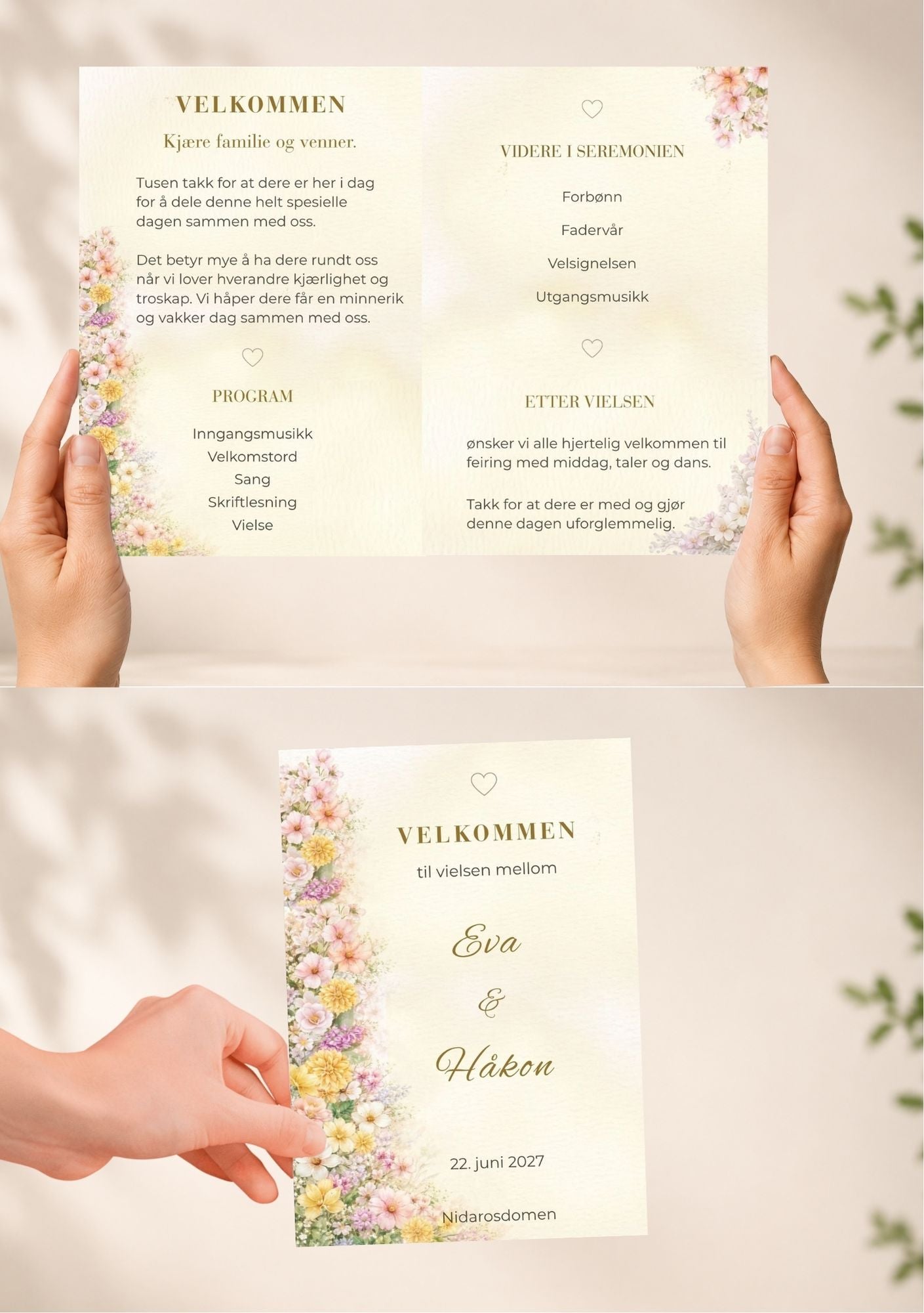 Bryllupsprogram Golden Meadow – forsidevisning med hender som holder kortet, pastell blomsterkolonne og gullskrift på varm beige bakgrunn