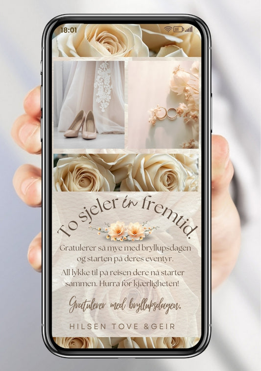 Personlig gratulasjon til brudepar - digital hilsen med bryllupsfoto, roser og varme ønsker