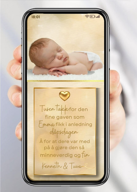 Takkekort til dåp gyllen elegant design