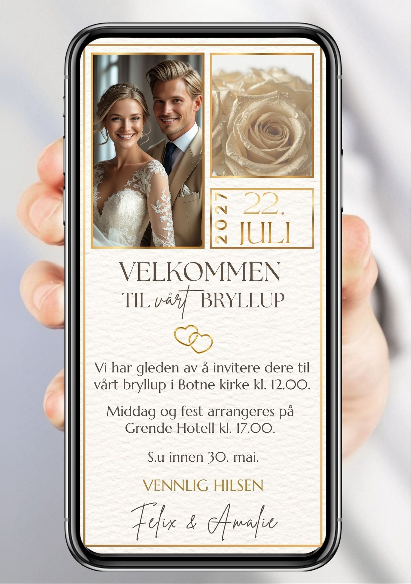 Bryllupsinvitasjon vist på mobilskjerm med brudeparbilde, hvit rose og gulldetaljer. Tekst: Velkommen til vårt bryllup – Felix & Amalie, 22. juli.