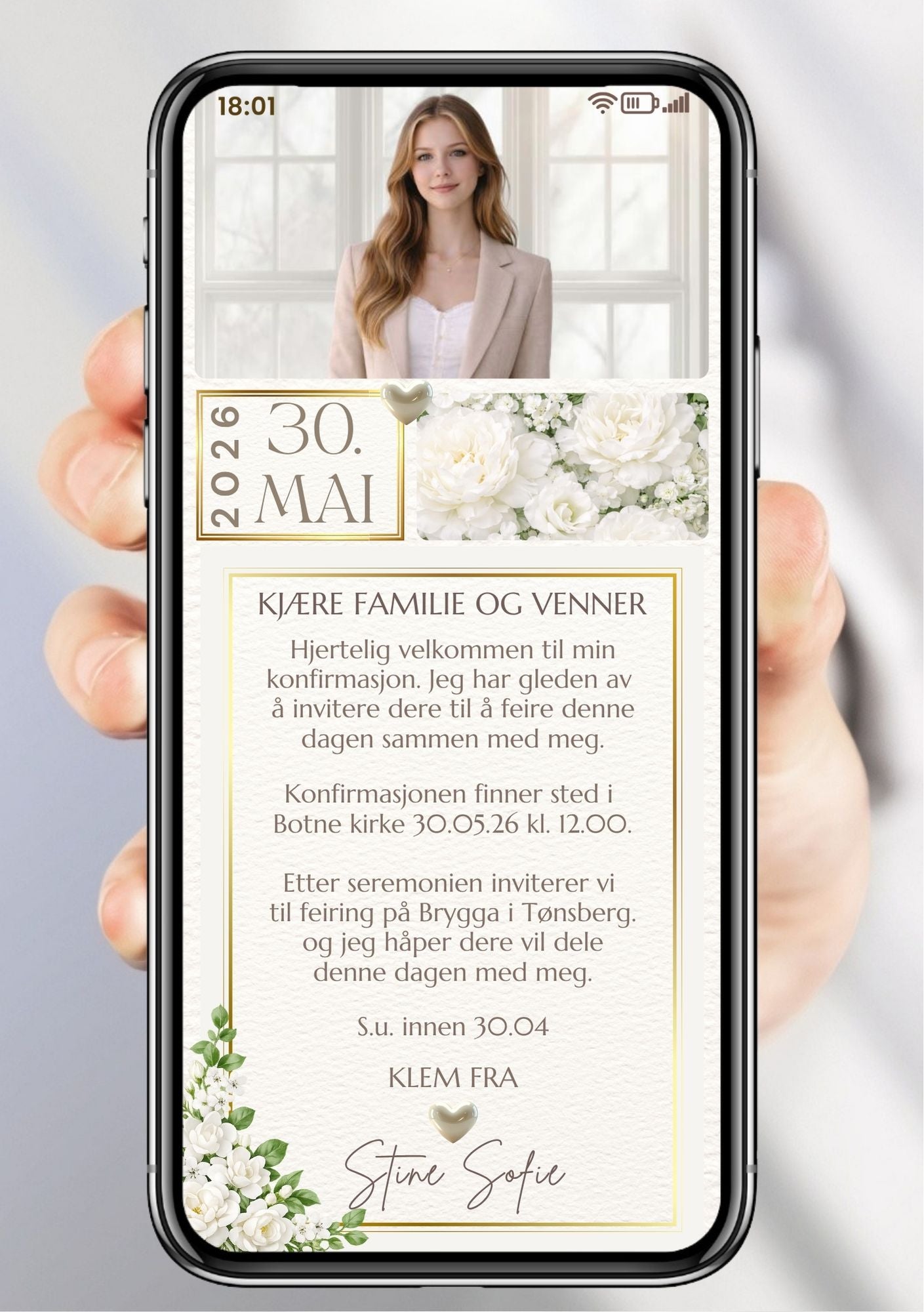 Populære mobil invitasjon til konfirmasjonsin, i hvit, beige og grå – elegant design med gulldetaljer klar til deling på mobil 