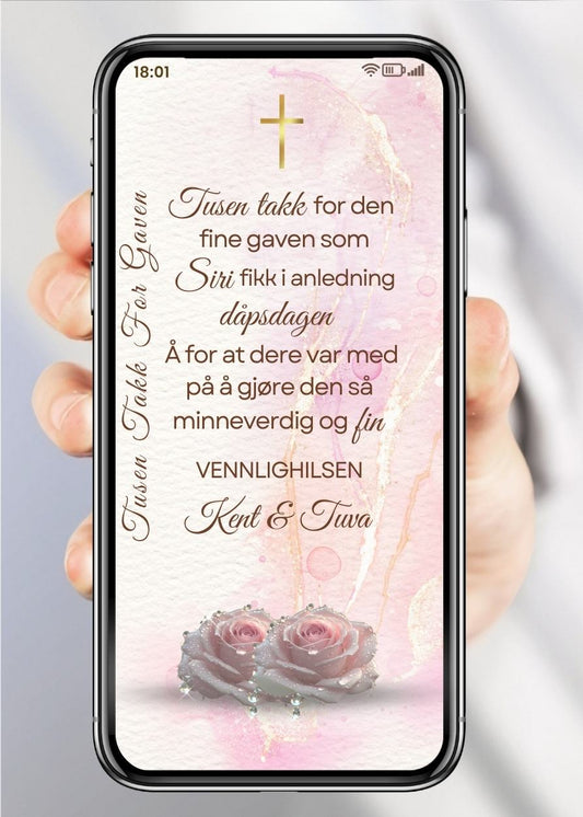 Takkekort til dåp gull rose elegant