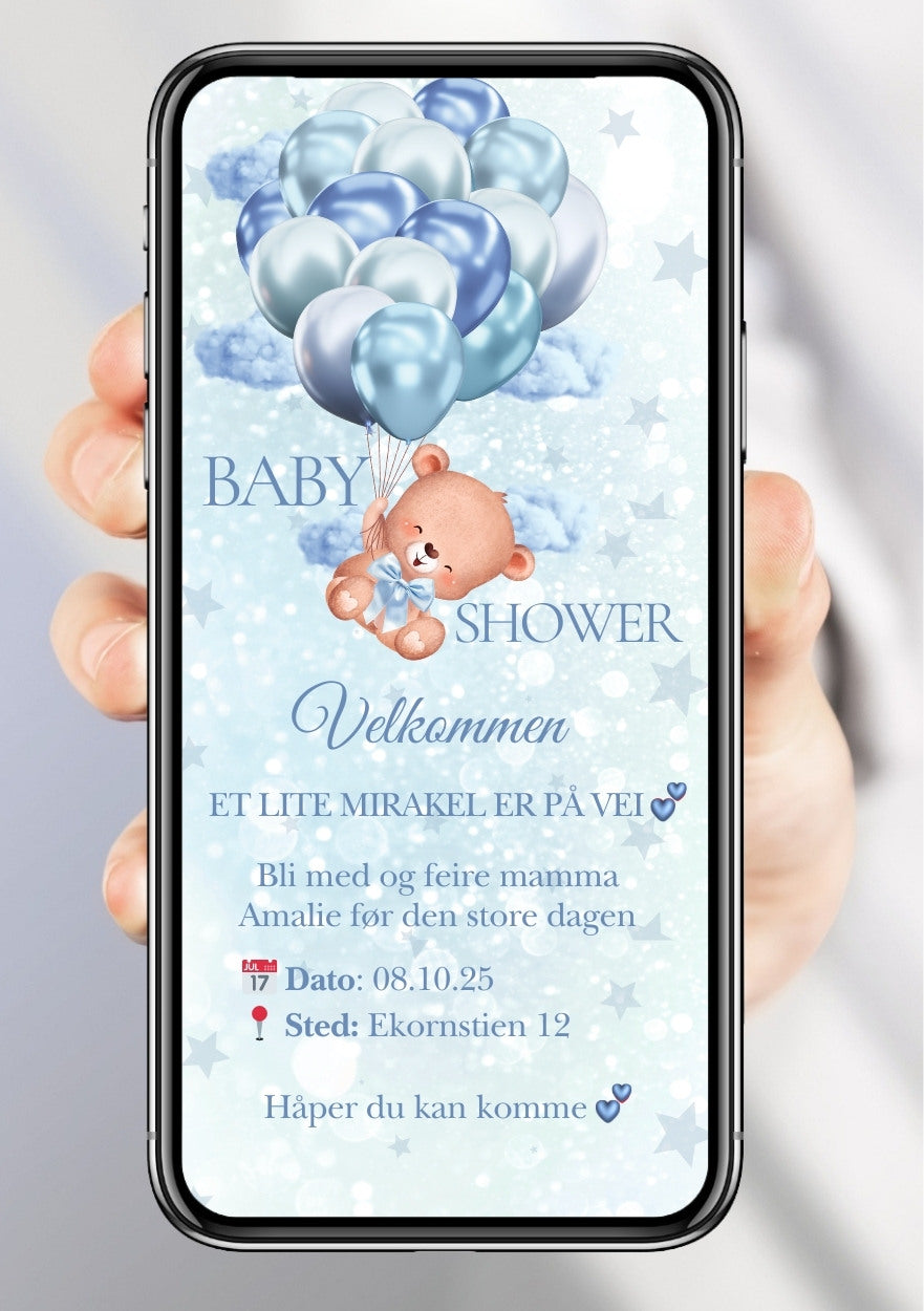 Digital babyshower invitasjon for mobil med tilpasset tekst og design