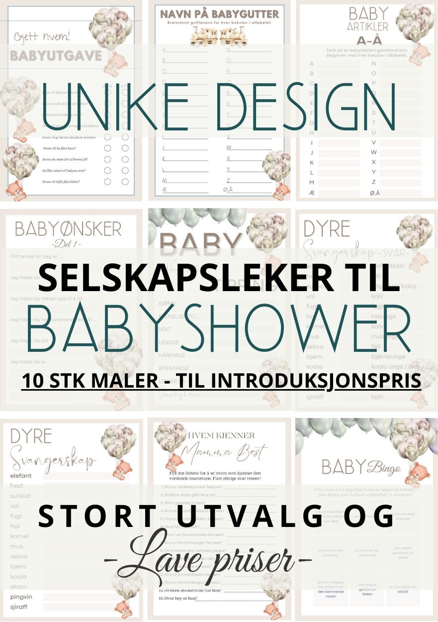Babyshower leker og minneplakater med personlig design fra KISS DEKOR