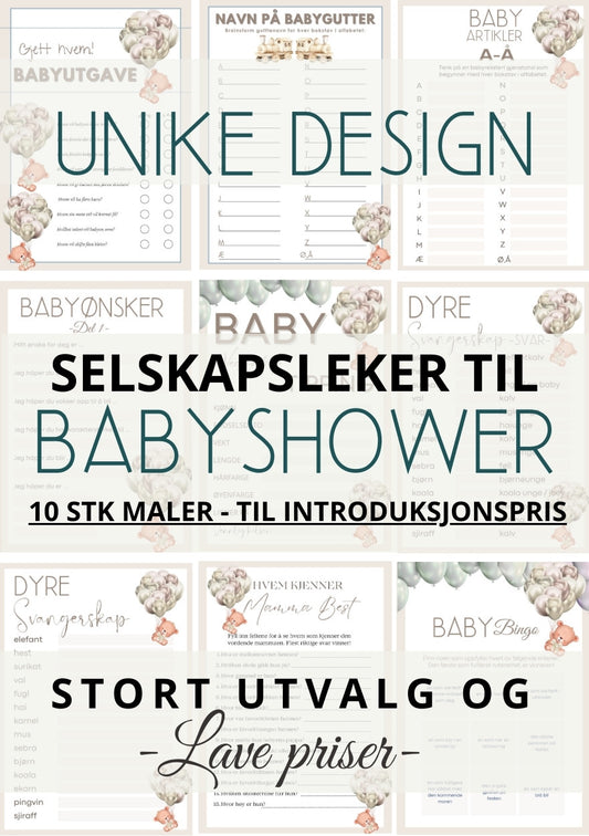 Babyshower leker og minneplakater med personlig design fra KISS DEKOR