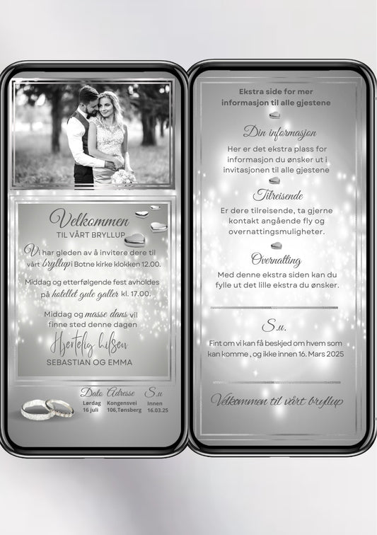 Bryllupsinvitasjon 2 sider elegant sølv design