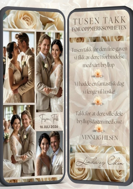 Takkekort bryllup beige 2 siders romantisk - personlig design med ferdig tekstforslag - KISS DEKOR