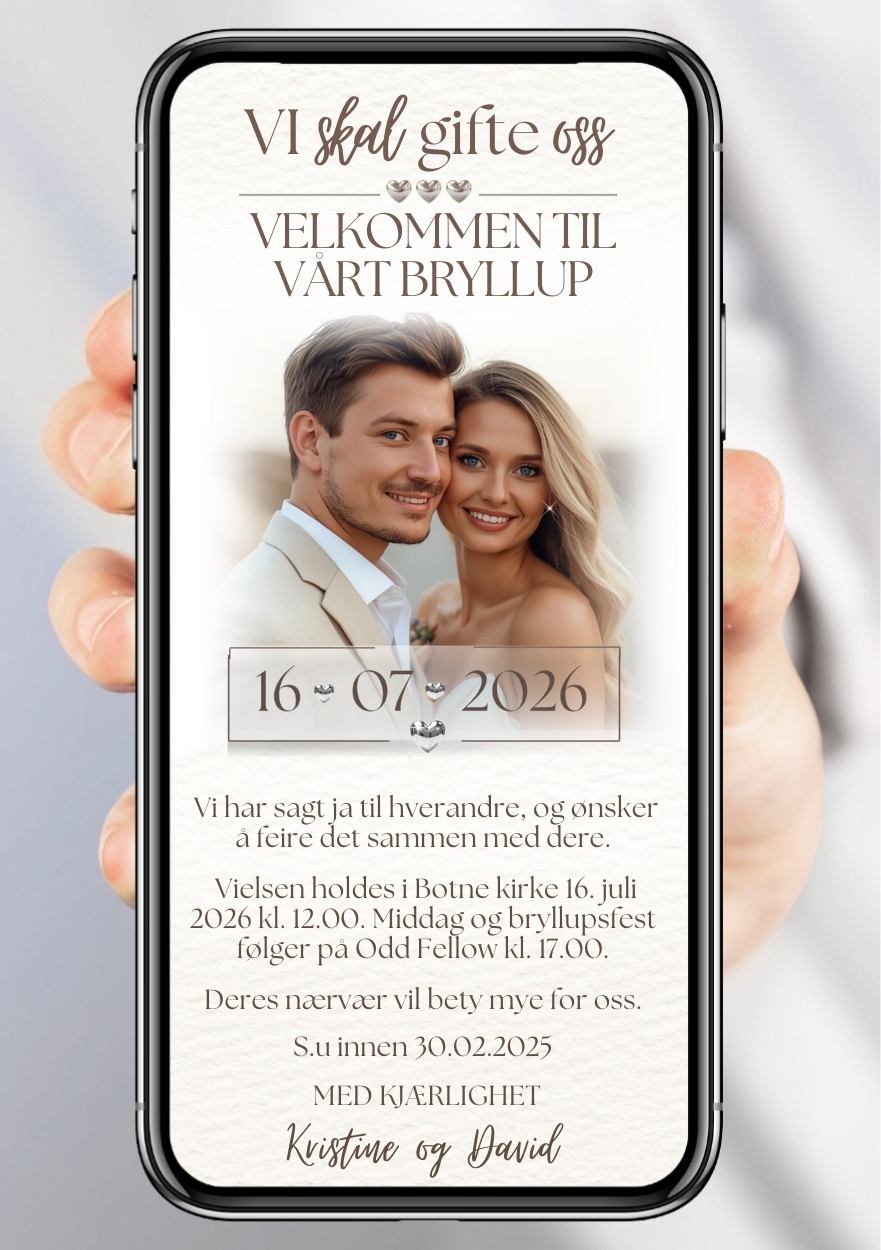 Bryllupsinvitasjon hvit elegant - personlig design med ferdig tekstforslag - KISS DEKOR