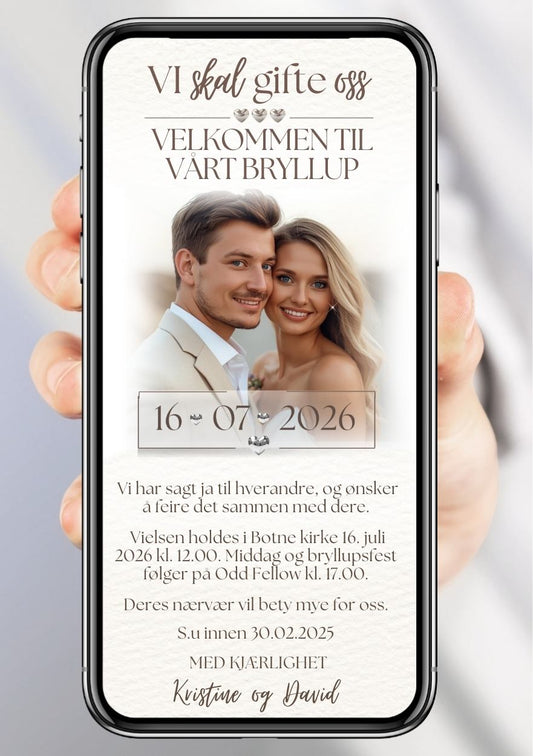 Bryllupsinvitasjon hvit elegant - personlig design med ferdig tekstforslag - KISS DEKOR