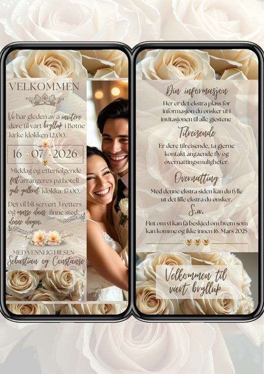Bryllupsinvitasjon 2 sider med roser
