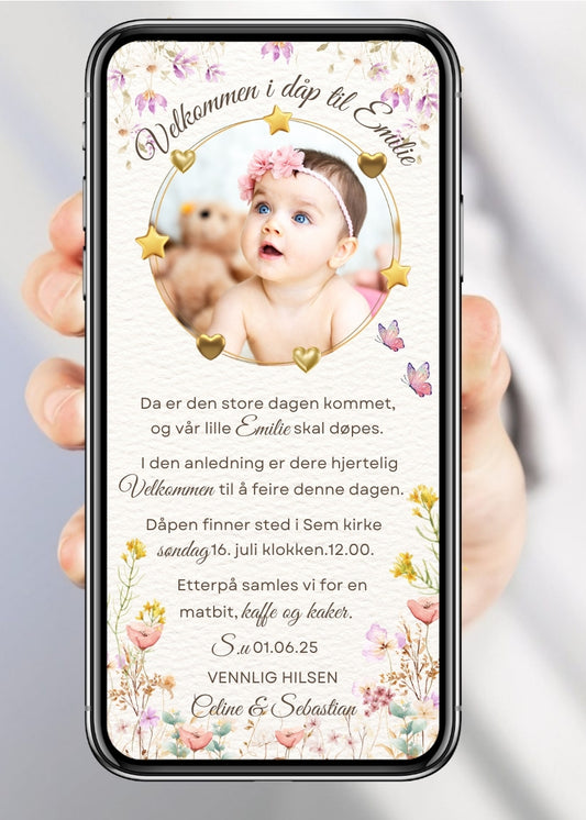 Dåpsinvitasjon hvit med akvarell blomster - personlig design med ferdig tekstforslag - KISS DEKOR