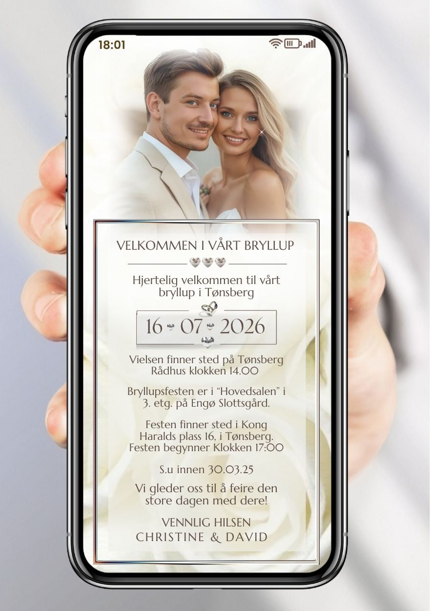 Bryllupsinvitasjon hvit romantisk - personlig design med ferdig tekstforslag - KISS DEKOR