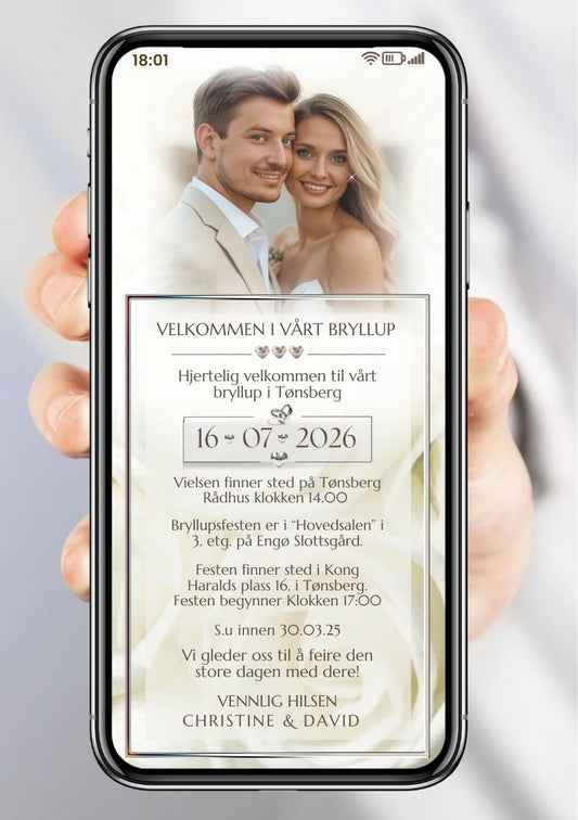 Bryllupsinvitasjon hvit romantisk - personlig design med ferdig tekstforslag - KISS DEKOR