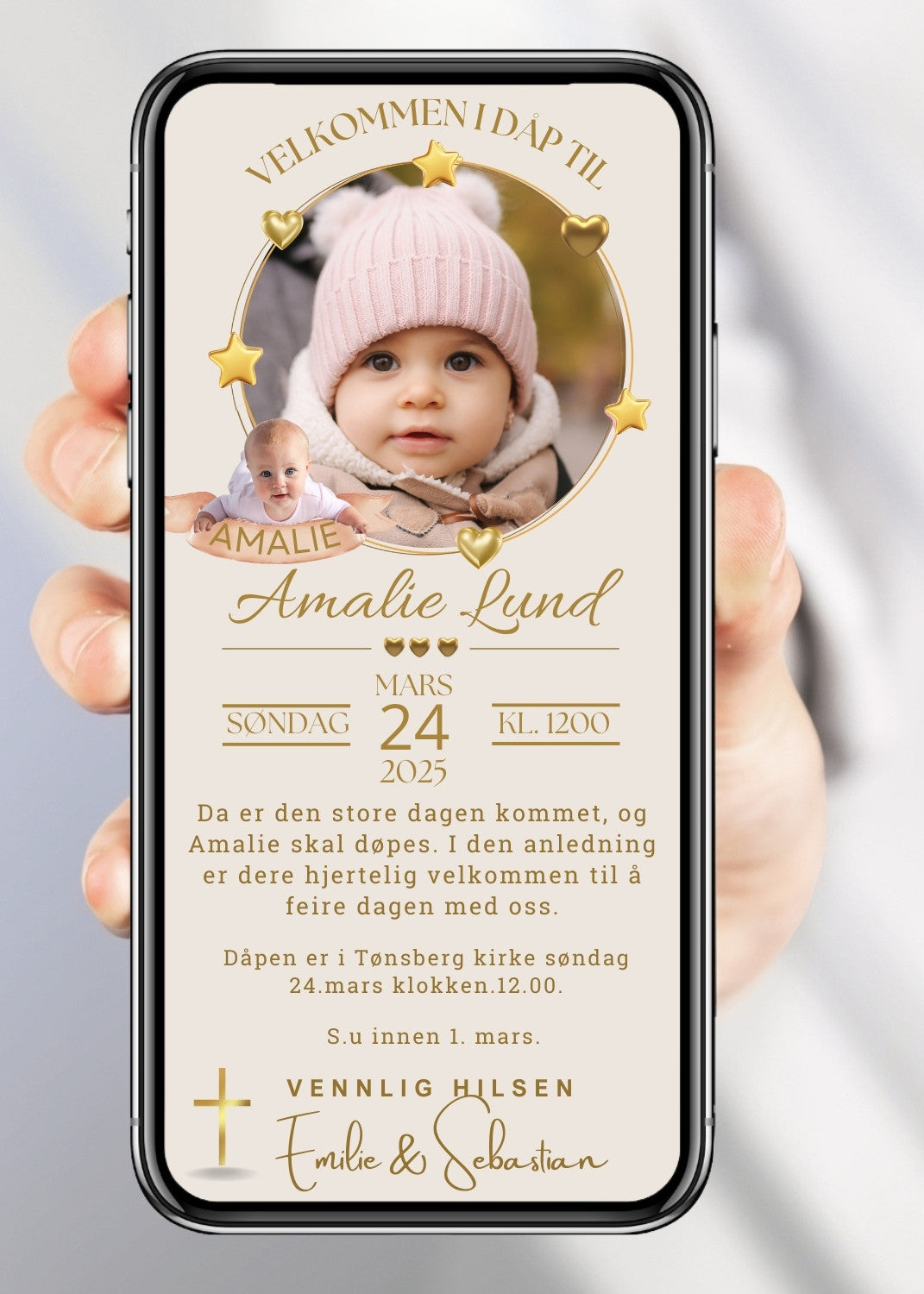 Dåpsinvitasjon og navnefest beige med bilde - personlig design med ferdig tekstforslag - KISS DEKOR
