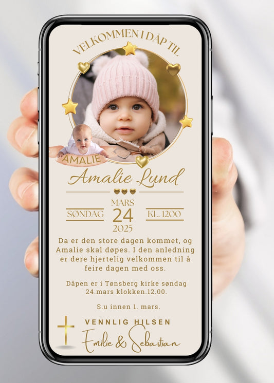 Dåpsinvitasjon og navnefest beige med bilde - personlig design med ferdig tekstforslag - KISS DEKOR
