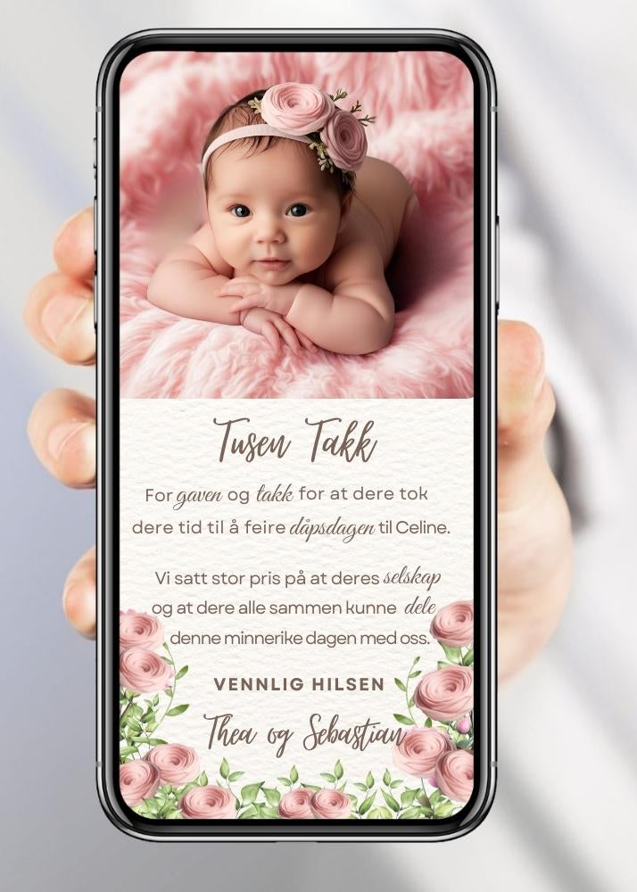Takkekort til dåp rosa med blomst og bilde