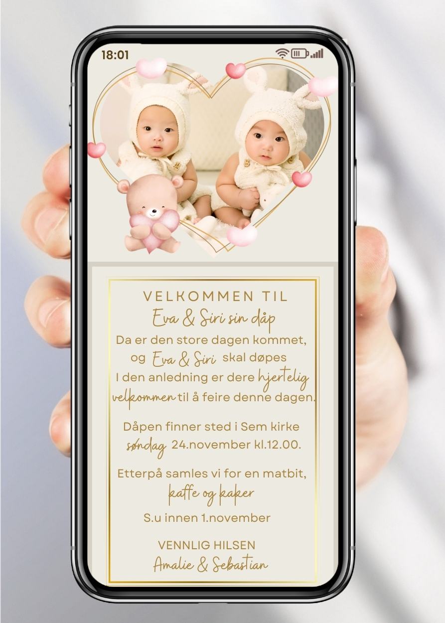 Invitasjon for navnefest og dåp – moderne design til mobil