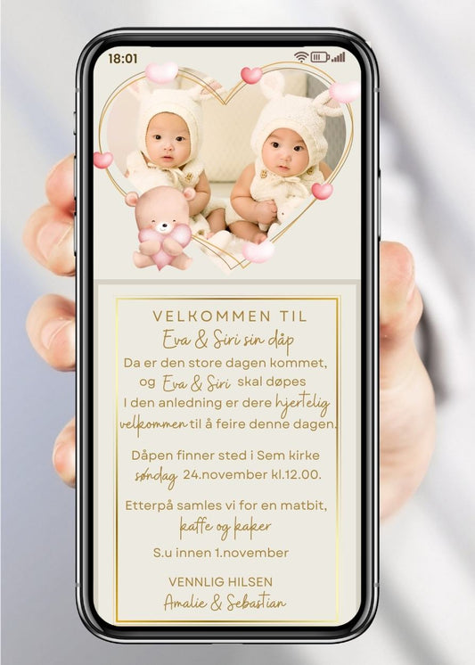 Invitasjon for navnefest og dåp – moderne design til mobil