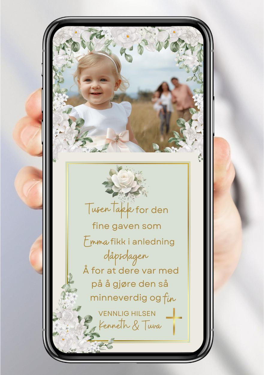 Takkekort til dåp eukalyptus design