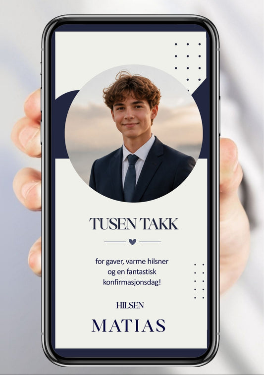 Digitalt takkekort til konfirmasjon i hvit og navy med rundt portrettbilde, prikkdetaljer og takketekst, vist på mobilskjerm