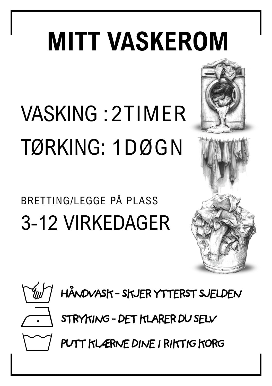 Vaskeromsskilt Mitt Vaskerom med illustrasjoner hvit - vasketips med tegninger fra KISS DEKOR