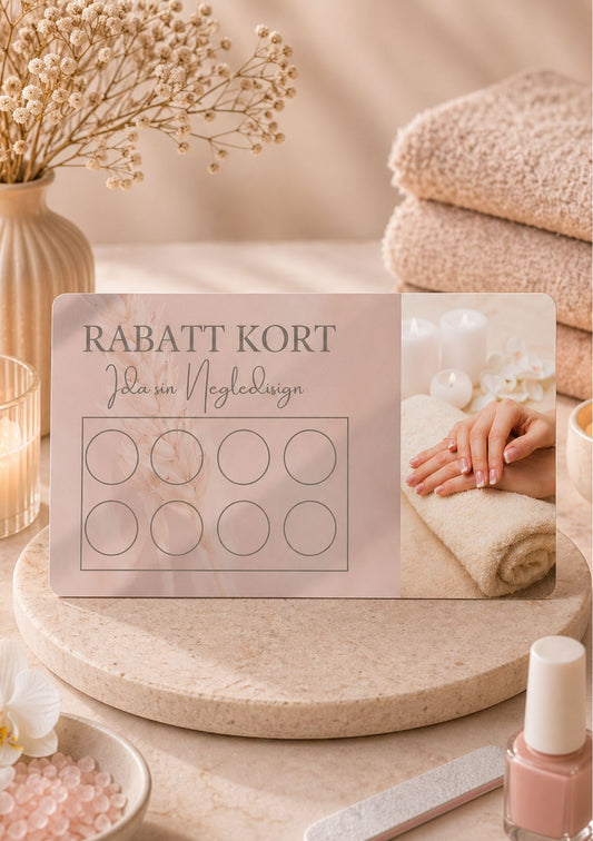 Rabattkort for neglsalong på steinbrett med blomster og neglprodukter – design for Ida sin Negledisign med teksten Rabatt Kort, åtte tomme sirkler og bilde av neglbehandling med håndkle, i rosa og beige fargepalett 