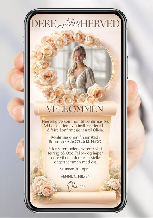 Digital konfirmasjonsinvitasjon med blomsterkrans og personlig foto – elegant design med kremroser fra KISS DEKOR