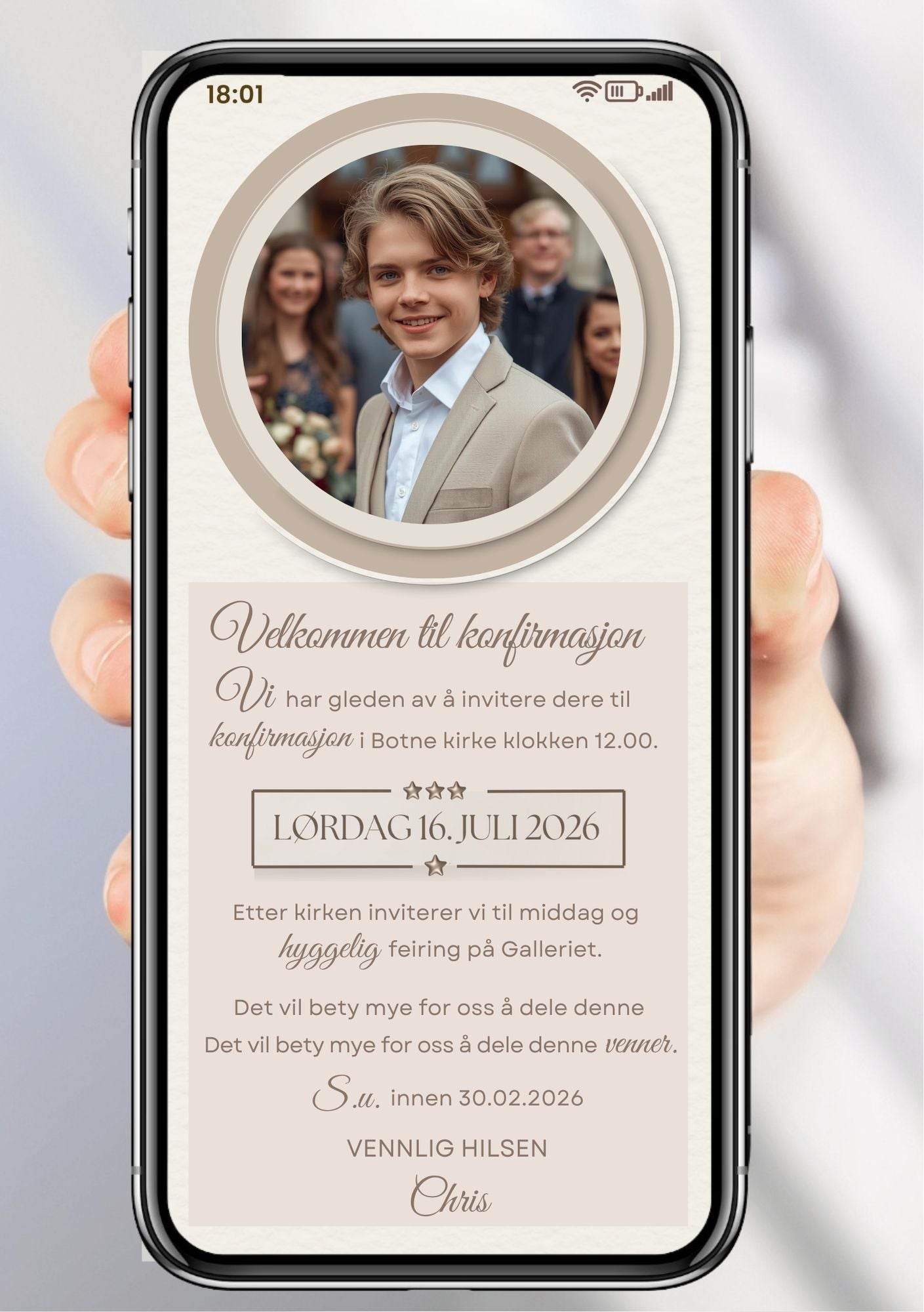 Konfirmasjonsinvitasjon minimalistisk - personlig design med ferdig tekstforslag - KISS DEKOR"